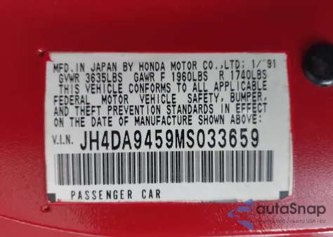 1991 Acura Integra Ls z USA, uszkodzony, nr VIN JH4DA9459MS033659